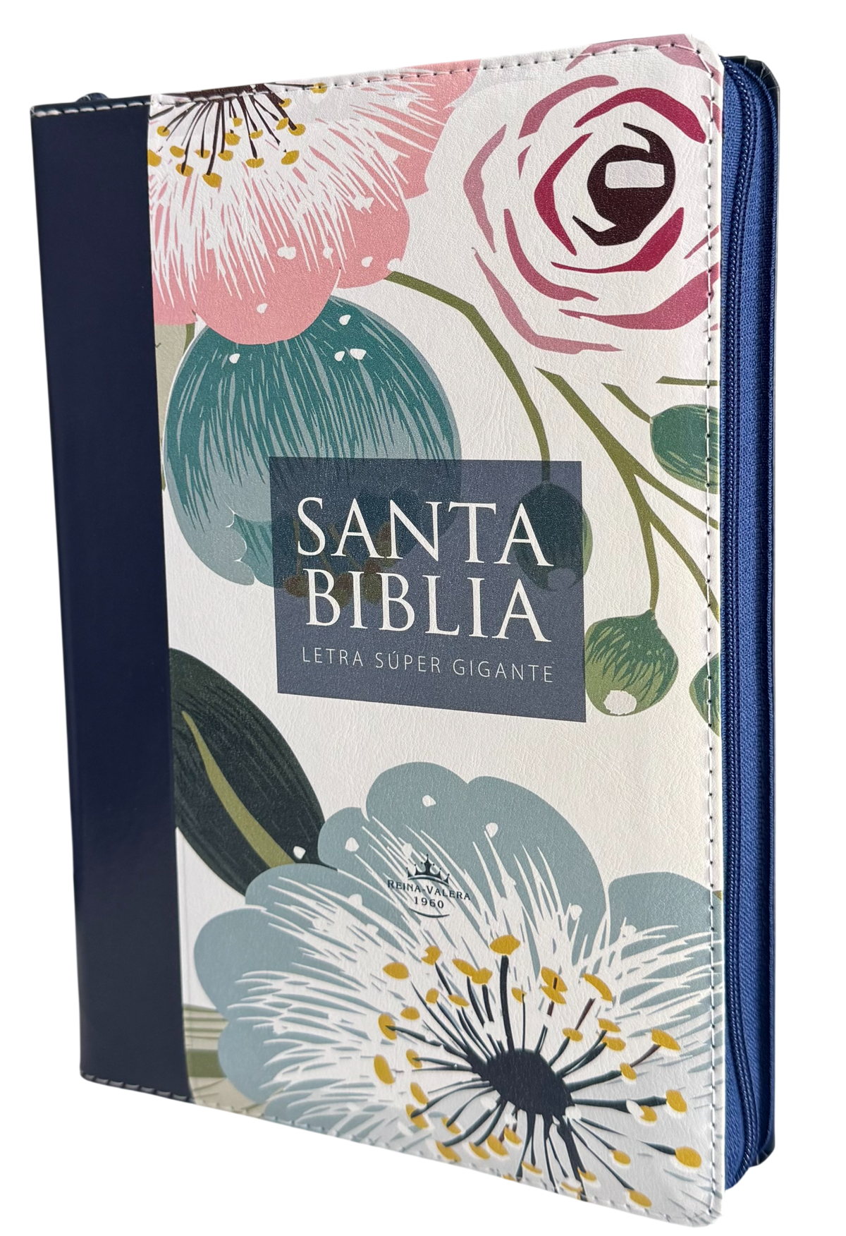 Biblia RVR60 Letra Súper Gigante Azul con Flores, Cierre e Índice