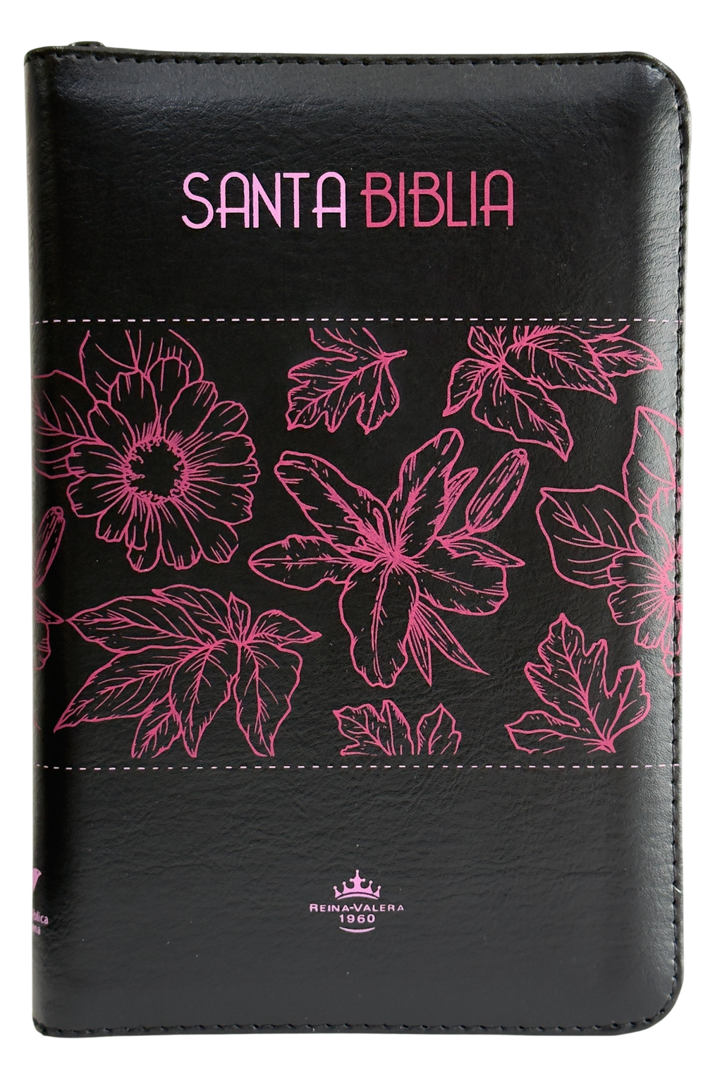 Biblia RVR60 Letra Grande Negro/Rosa con Flores, Cierre, Canto Fucsia