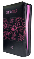 Biblia RVR60 Letra Grande Negro/Rosa con Flores, Cierre, Canto Fucsia