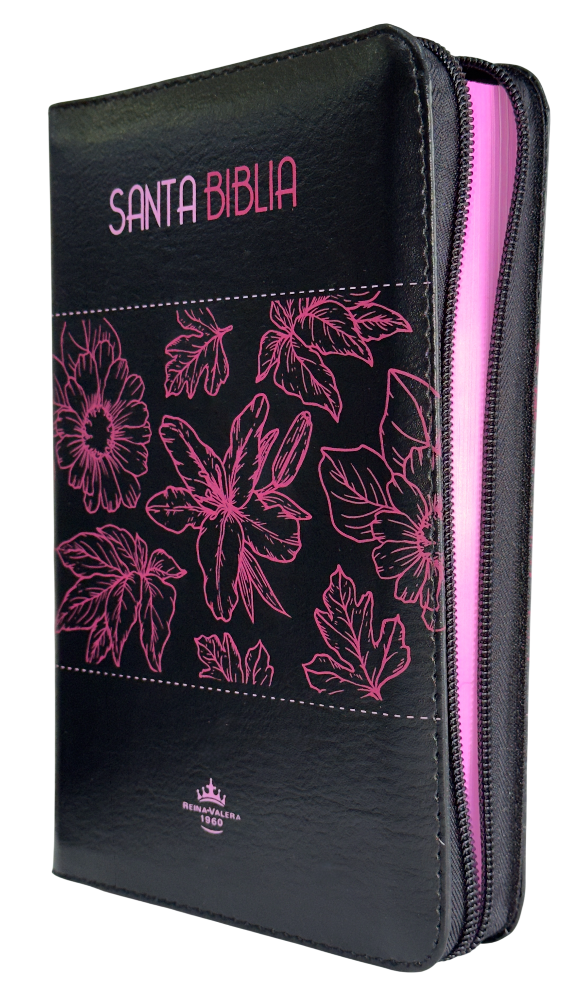 Biblia RVR60 Letra Grande Negro/Rosa con Flores, Cierre, Canto Fucsia
