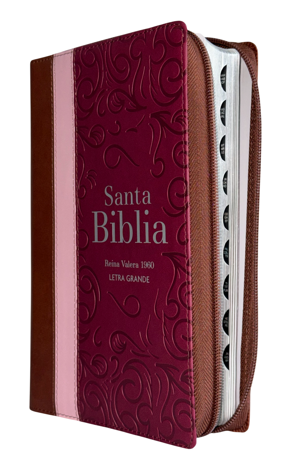 Biblia RVR60 Letra Grande Manual Tricolor Guinda/Palo Rosa/Marrón con Cierre e Índice