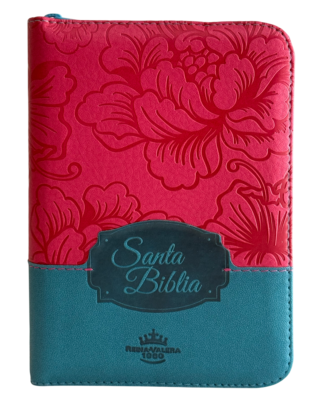 Biblia RVR 1960, Chica/Mediana, Fucsia-Azul Flores, Canto Plateado, Índice, Cierre, QR