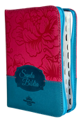Biblia RVR 1960, Chica/Mediana, Fucsia-Azul Flores, Canto Plateado, Índice, Cierre, QR
