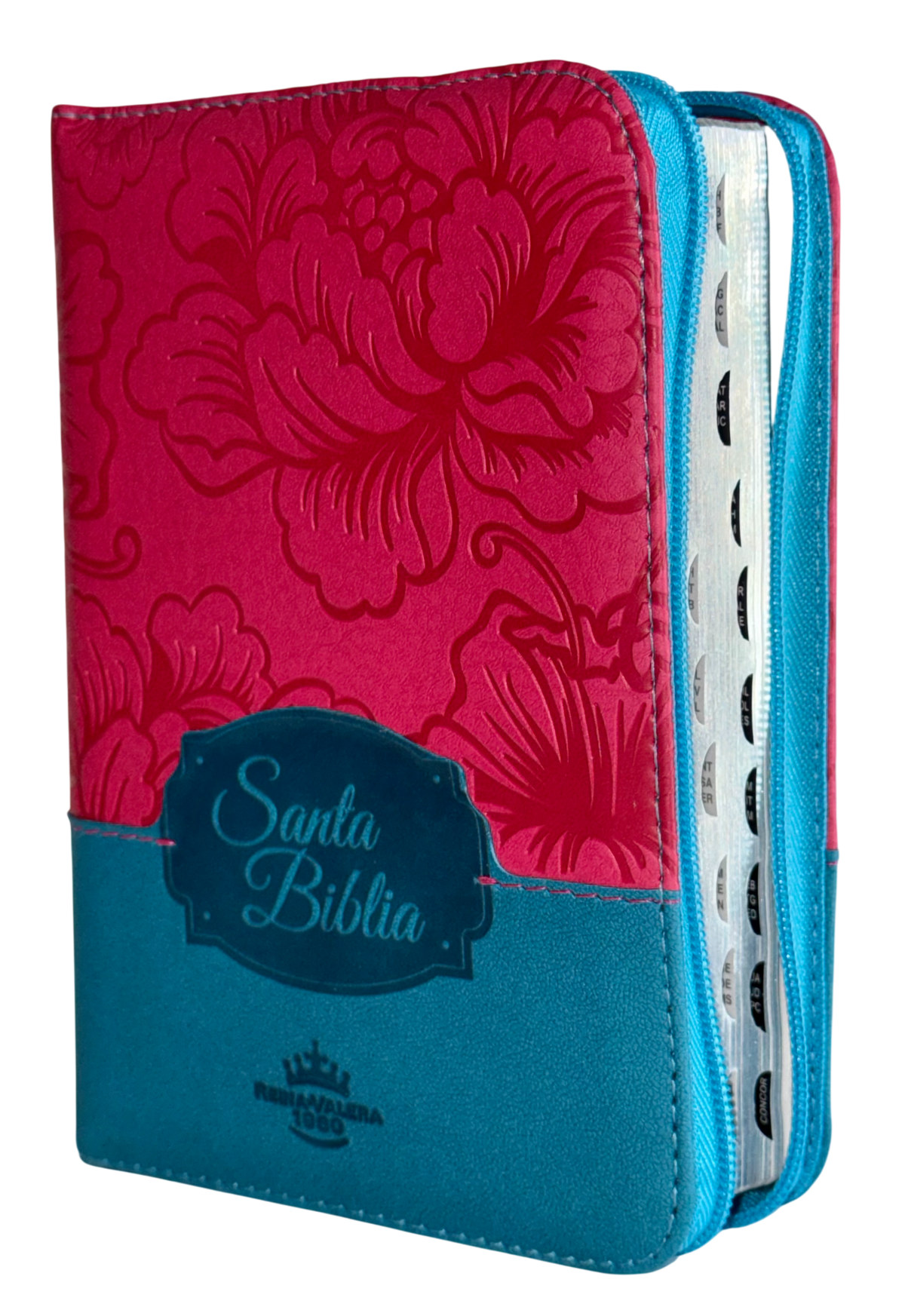 Biblia RVR 1960, Chica/Mediana, Fucsia-Azul Flores, Canto Plateado, Índice, Cierre, QR