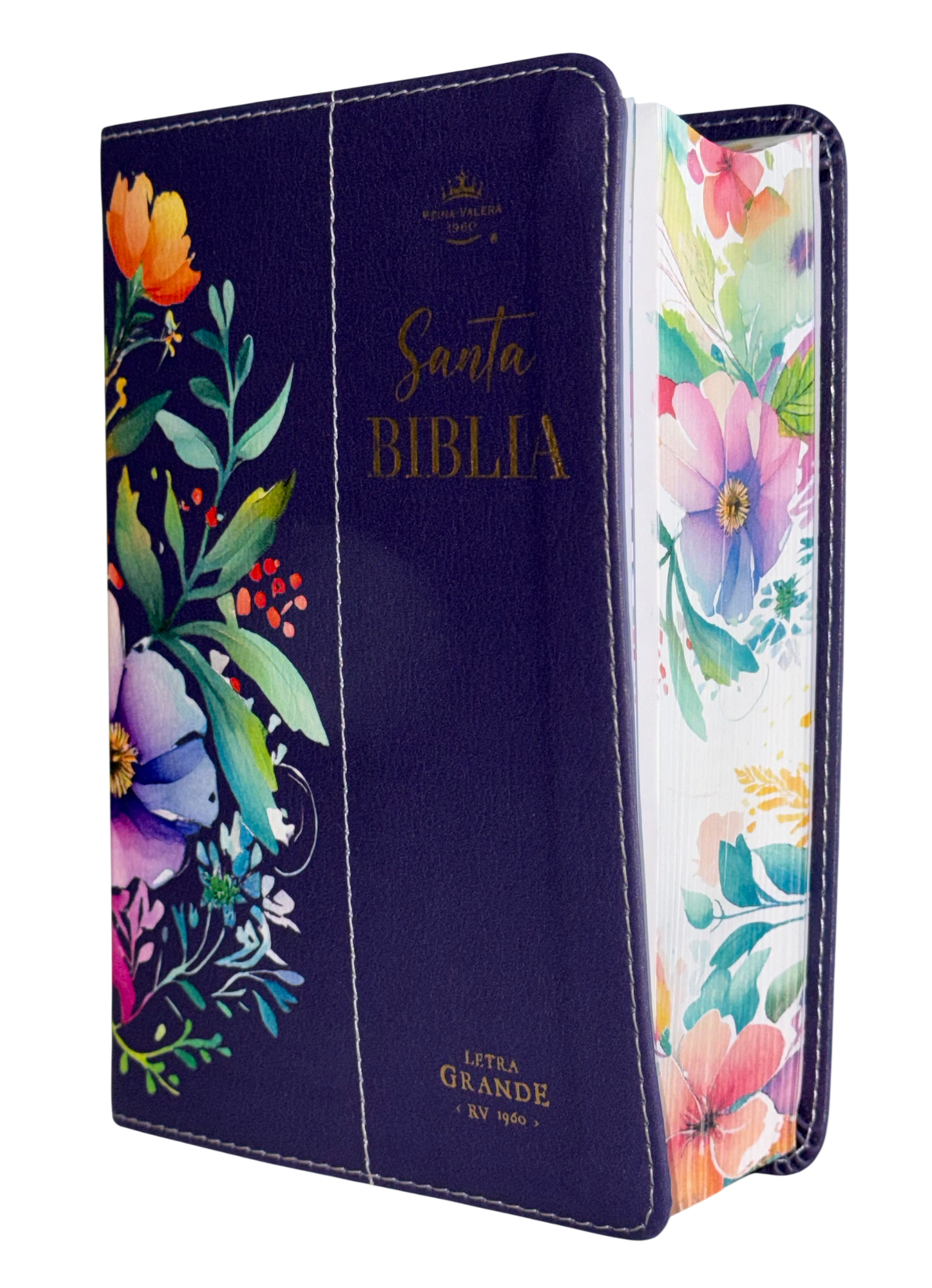 Biblia RVR60 Compacta Letra Grande Morada/Lila Flores Primavera con Canto Pintado