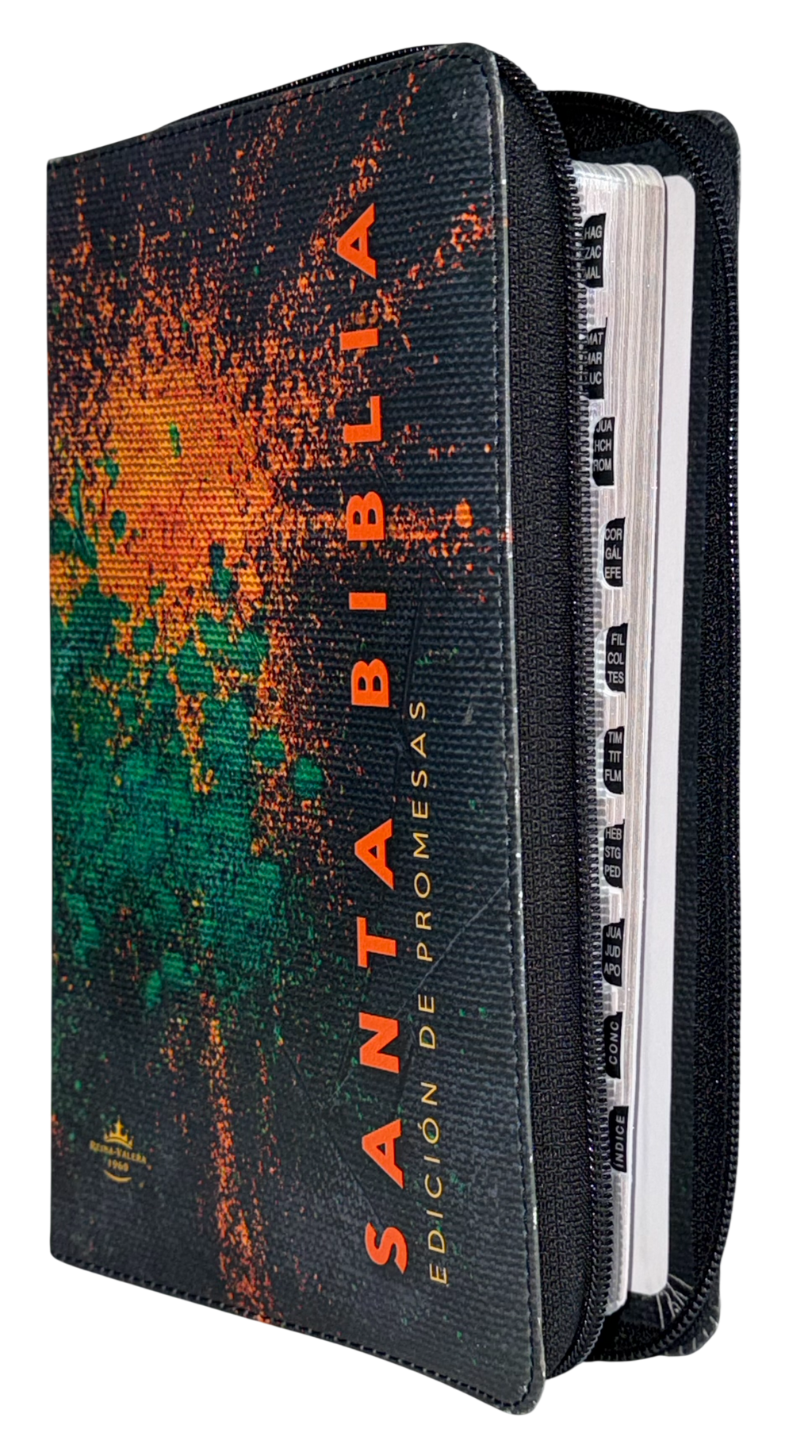 Biblia de Promesas RVR60 Tamaño Manual Letra Grande Verde/Naranja con Cierre e Índice